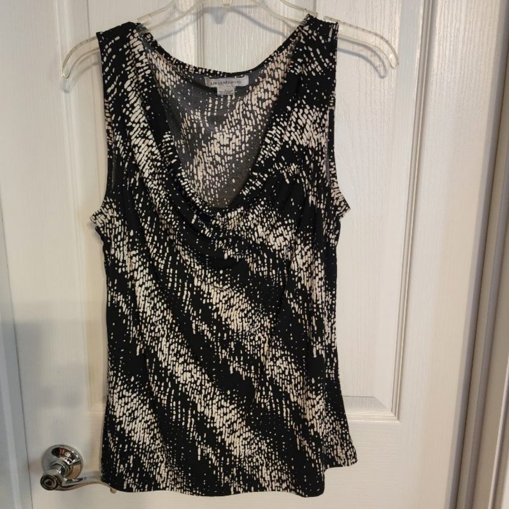 Vintage Liz Claiborne Cowl Neck top, beige and black pattern, size L.